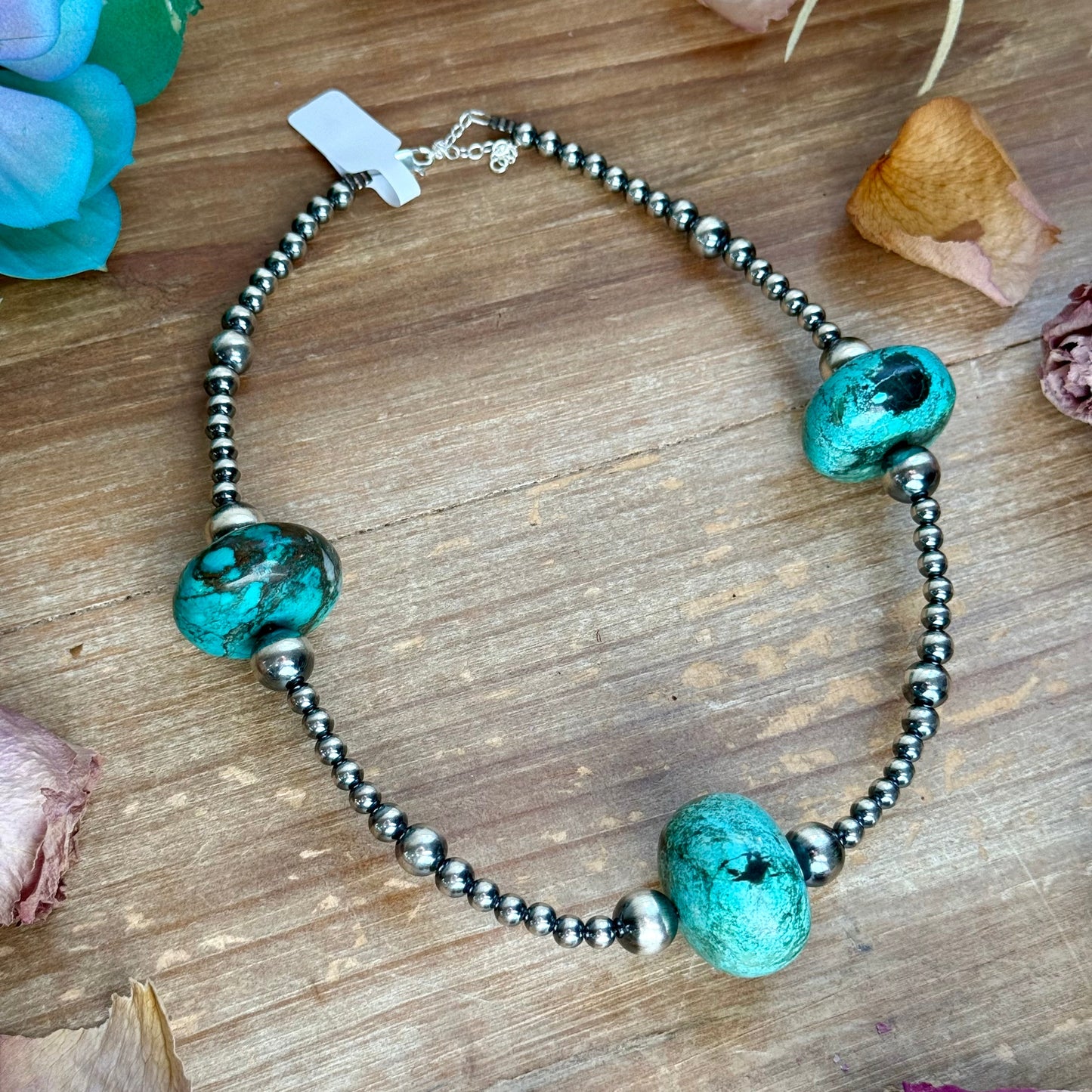 16” Turquoise Rondelle Necklace – Sterling Silver Pearls