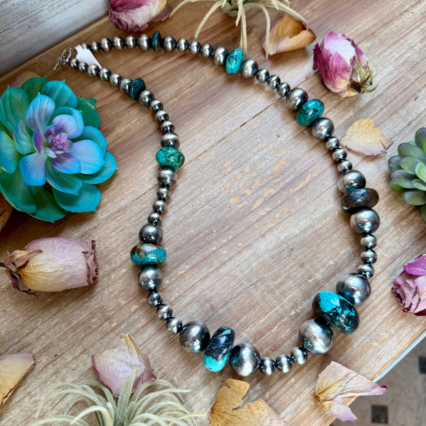 29” Massive Turquoise Rondelle Necklace – Sterling Silver Pearls