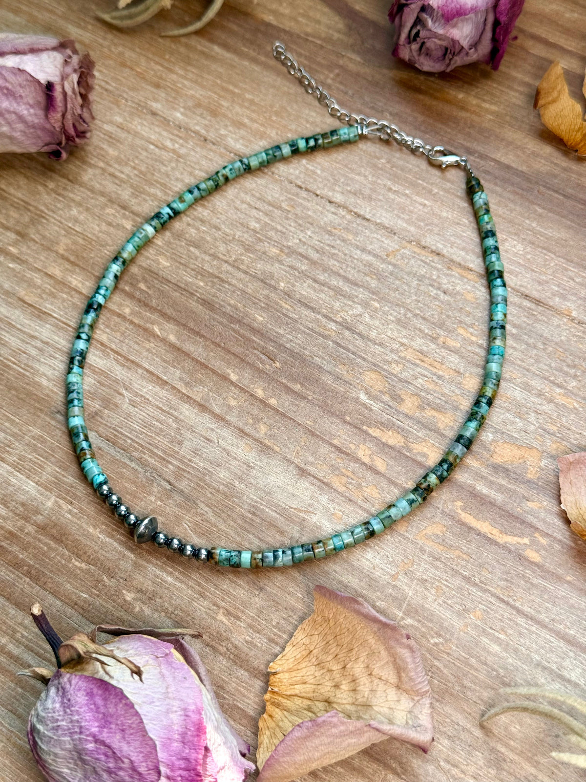 African Turquoise Heishi & Sterling Silver Pearl Necklace